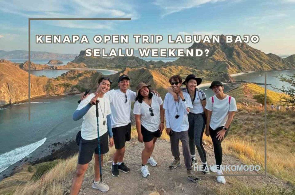 rombongan wisatawan foto di Pulau Padar Labuan Bajo saat open trip weekend dengan pemandangan bukit dan laut